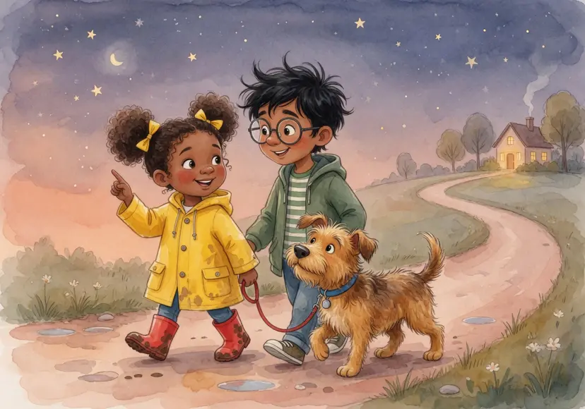 Maya and a friend walking their dog down a path under a starry evening sky